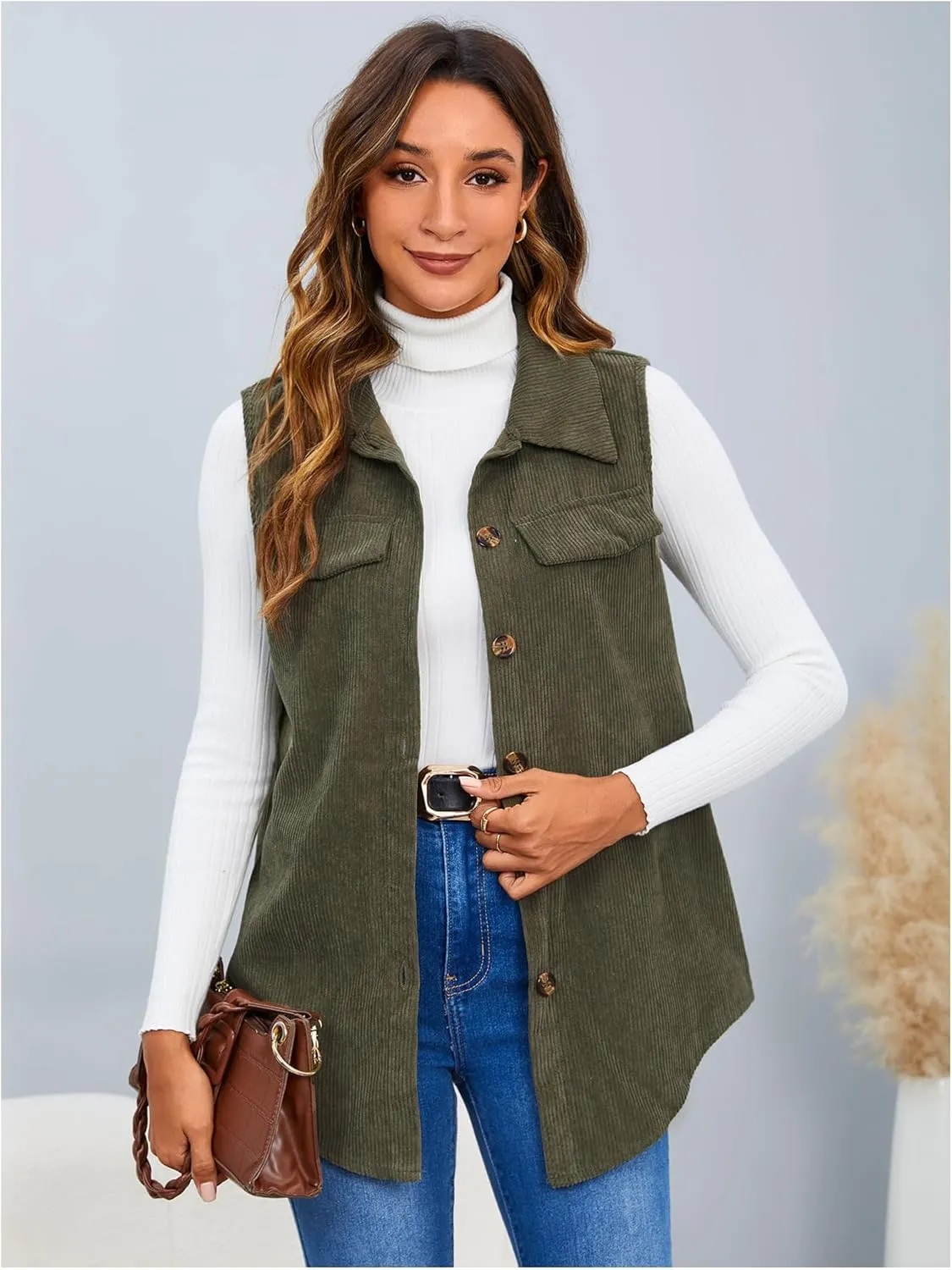 MakeMeChic Women's Ribbed Collared Lightweight Vest Corduroy Button Front Sleeveless Vest Jackets