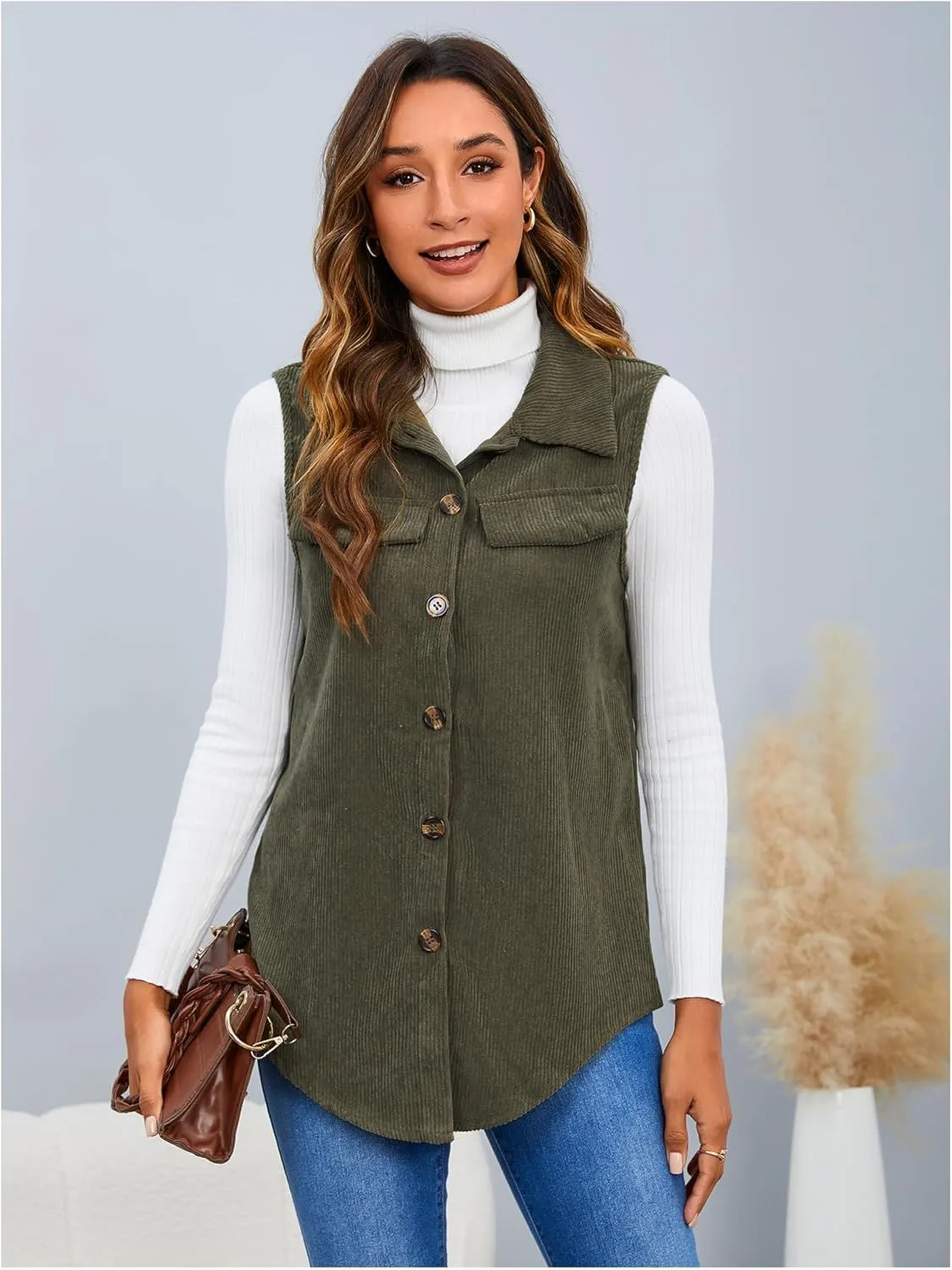MakeMeChic Women's Ribbed Collared Lightweight Vest Corduroy Button Front Sleeveless Vest Jackets