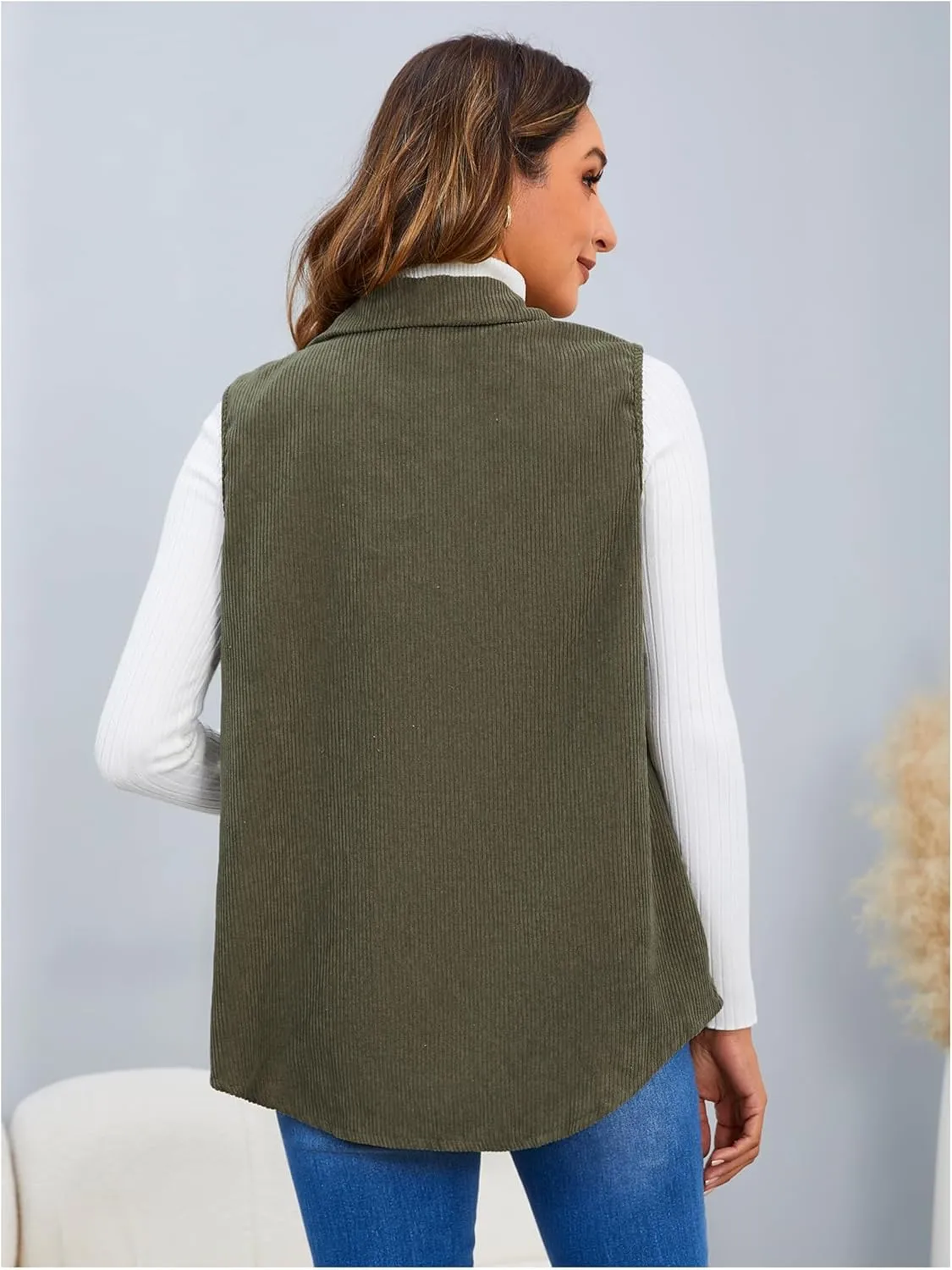 MakeMeChic Women's Ribbed Collared Lightweight Vest Corduroy Button Front Sleeveless Vest Jackets