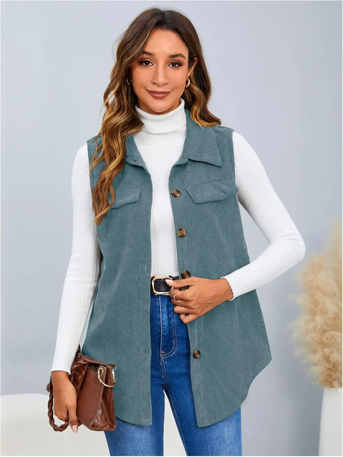 MakeMeChic Women's Ribbed Collared Lightweight Vest Corduroy Button Front Sleeveless Vest Jackets