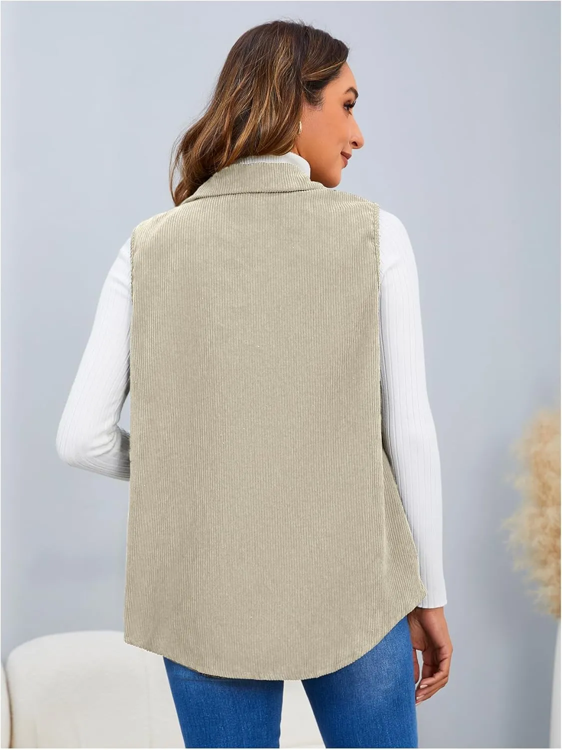 MakeMeChic Women's Ribbed Collared Lightweight Vest Corduroy Button Front Sleeveless Vest Jackets