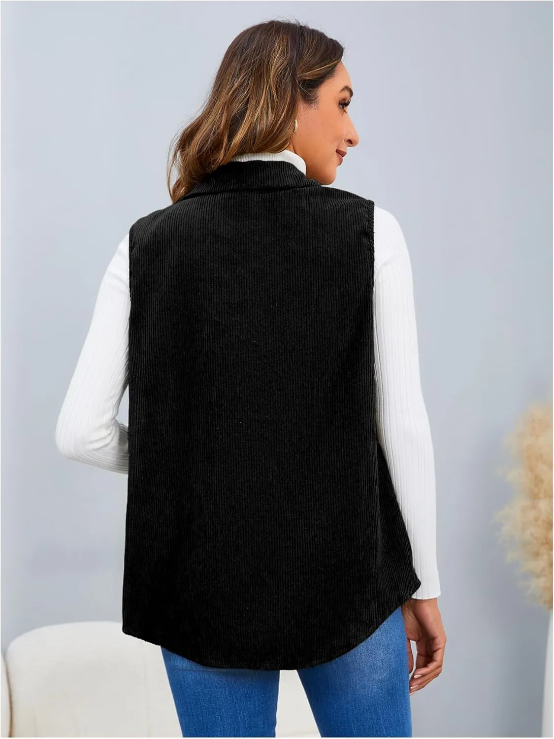 MakeMeChic Women's Ribbed Collared Lightweight Vest Corduroy Button Front Sleeveless Vest Jackets