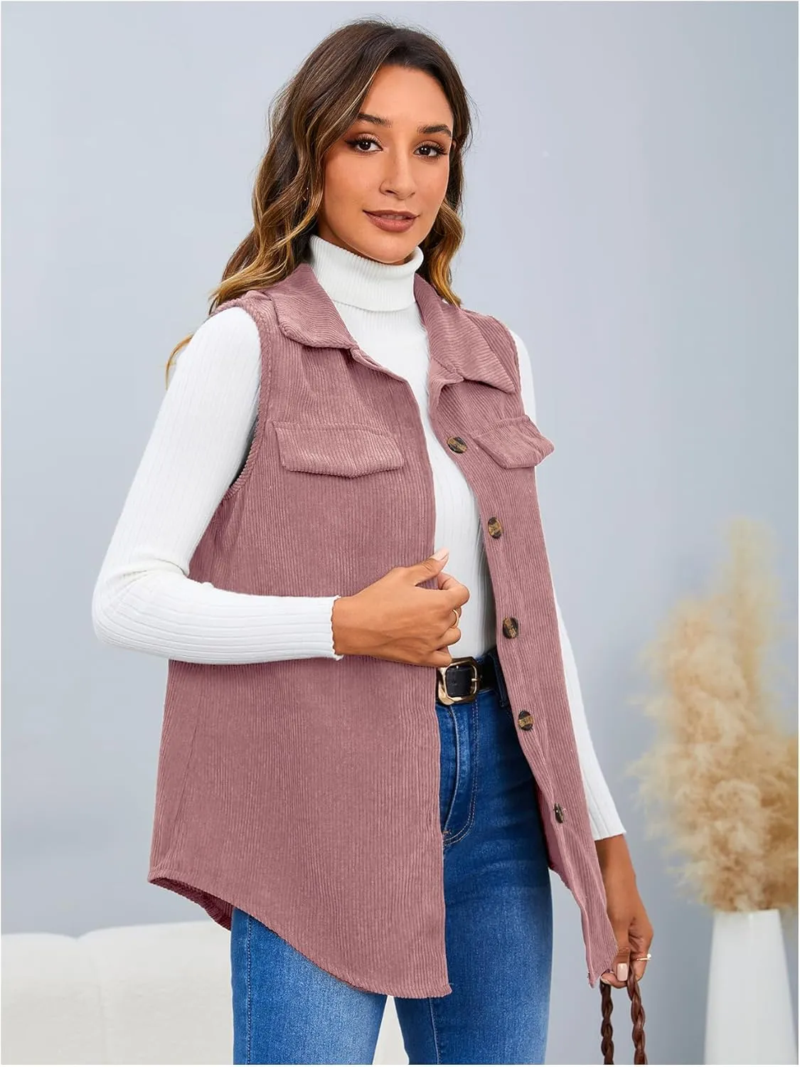 MakeMeChic Women's Ribbed Collared Lightweight Vest Corduroy Button Front Sleeveless Vest Jackets