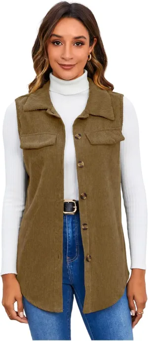 MakeMeChic Women's Ribbed Collared Lightweight Vest Corduroy Button Front Sleeveless Vest Jackets