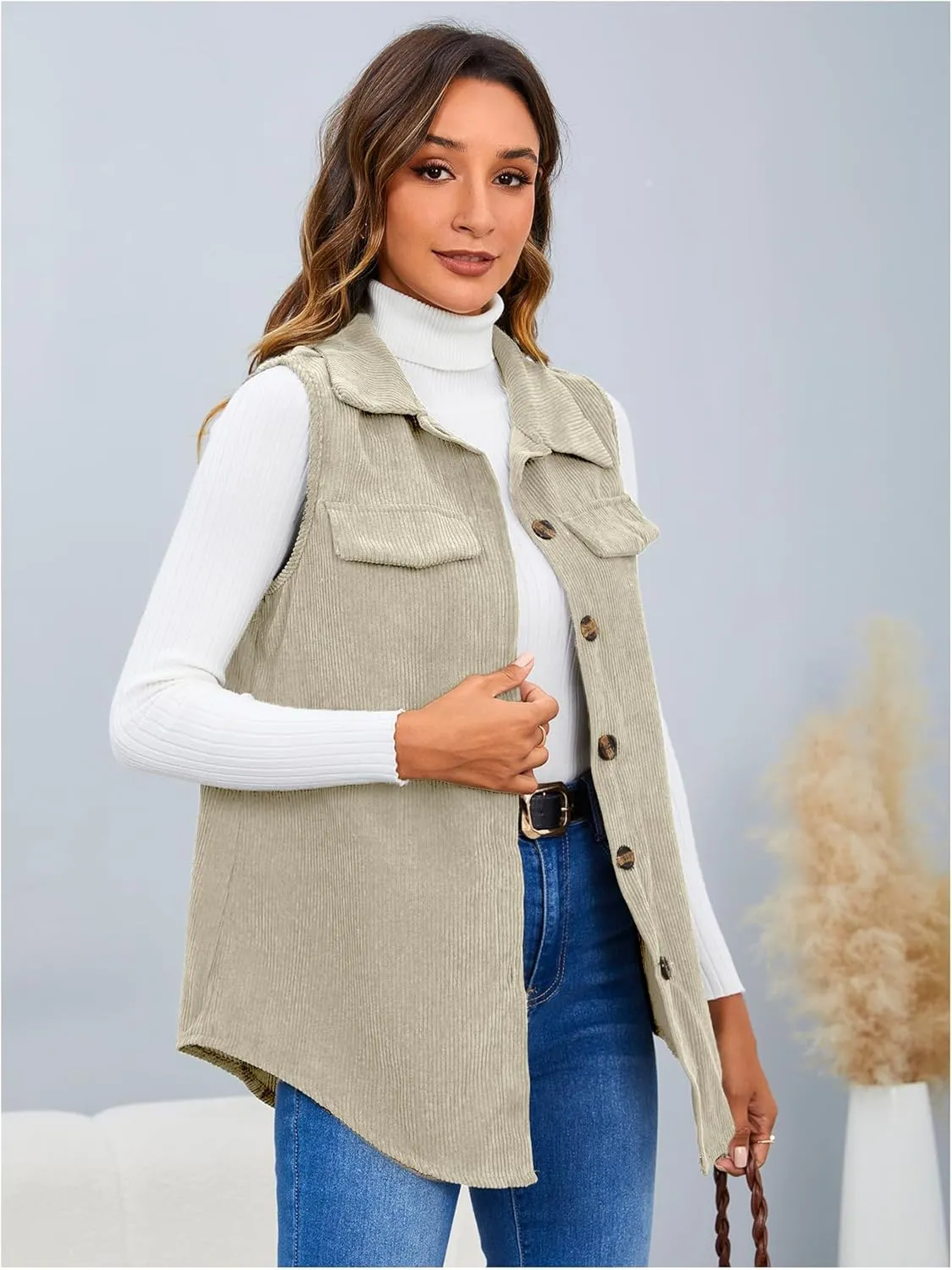 MakeMeChic Women's Ribbed Collared Lightweight Vest Corduroy Button Front Sleeveless Vest Jackets