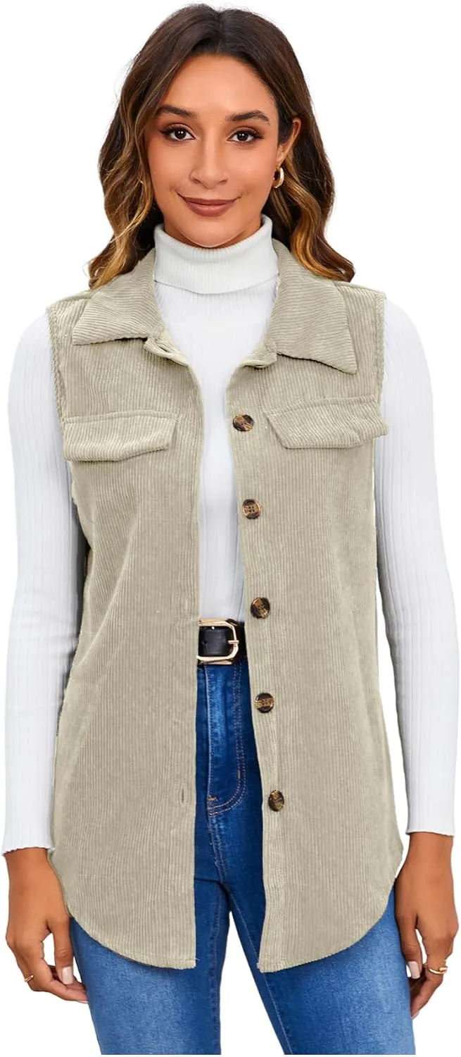 MakeMeChic Women's Ribbed Collared Lightweight Vest Corduroy Button Front Sleeveless Vest Jackets