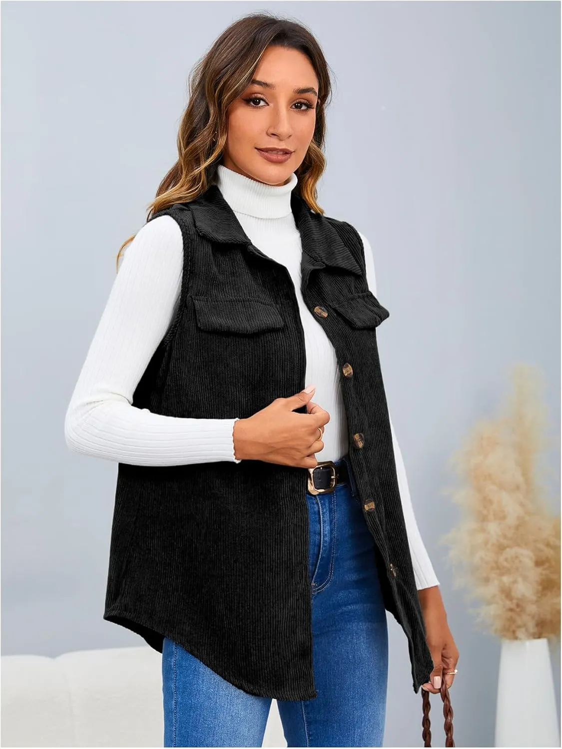 MakeMeChic Women's Ribbed Collared Lightweight Vest Corduroy Button Front Sleeveless Vest Jackets