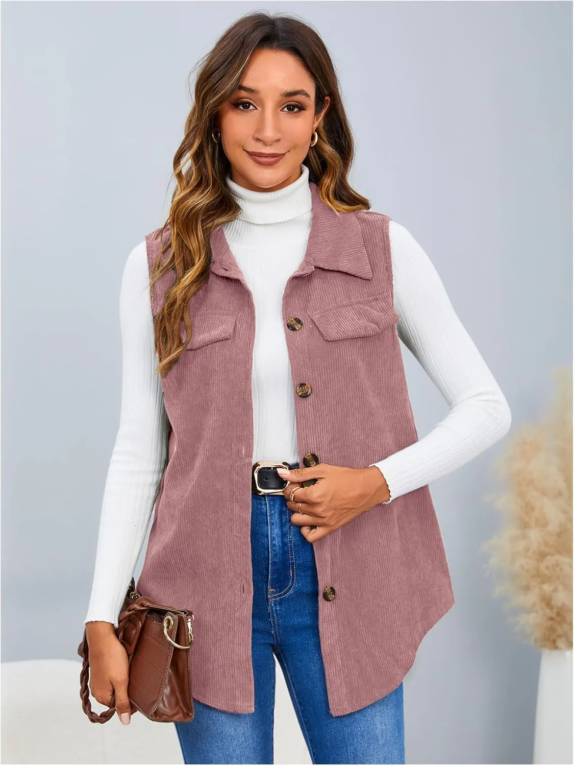 MakeMeChic Women's Ribbed Collared Lightweight Vest Corduroy Button Front Sleeveless Vest Jackets
