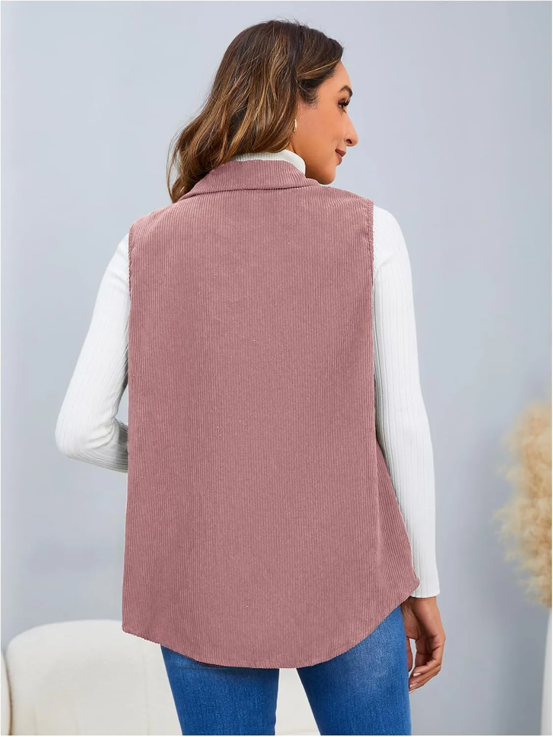 MakeMeChic Women's Ribbed Collared Lightweight Vest Corduroy Button Front Sleeveless Vest Jackets