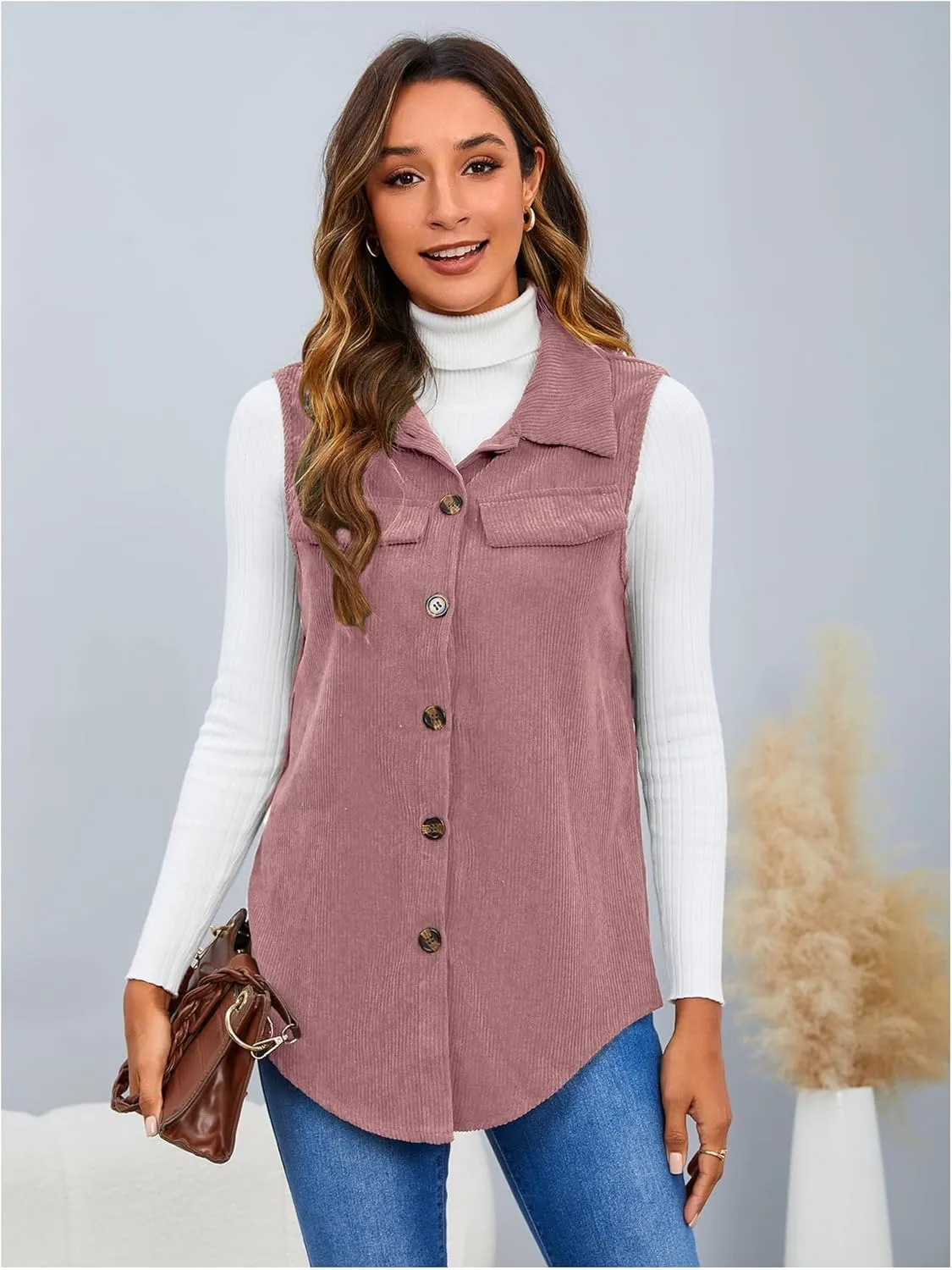 MakeMeChic Women's Ribbed Collared Lightweight Vest Corduroy Button Front Sleeveless Vest Jackets