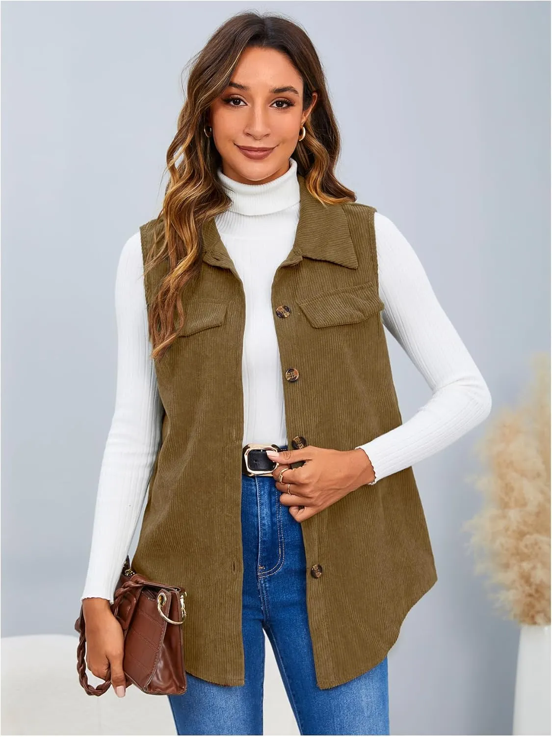 MakeMeChic Women's Ribbed Collared Lightweight Vest Corduroy Button Front Sleeveless Vest Jackets