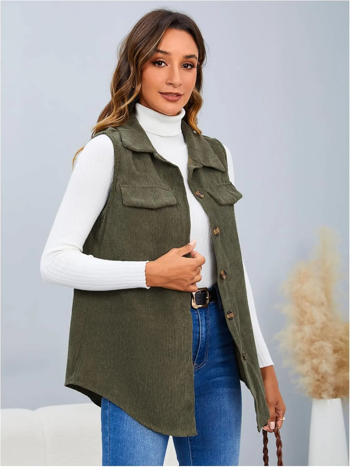 MakeMeChic Women's Ribbed Collared Lightweight Vest Corduroy Button Front Sleeveless Vest Jackets