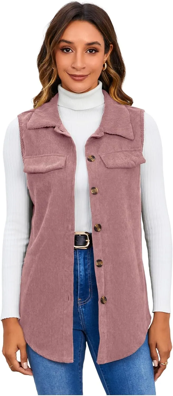 MakeMeChic Women's Ribbed Collared Lightweight Vest Corduroy Button Front Sleeveless Vest Jackets