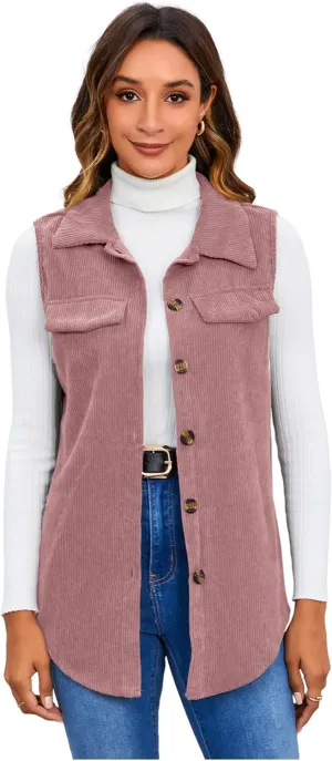MakeMeChic Women's Ribbed Collared Lightweight Vest Corduroy Button Front Sleeveless Vest Jackets