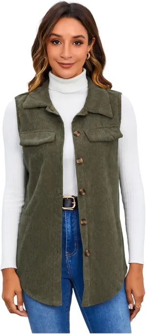 MakeMeChic Women's Ribbed Collared Lightweight Vest Corduroy Button Front Sleeveless Vest Jackets
