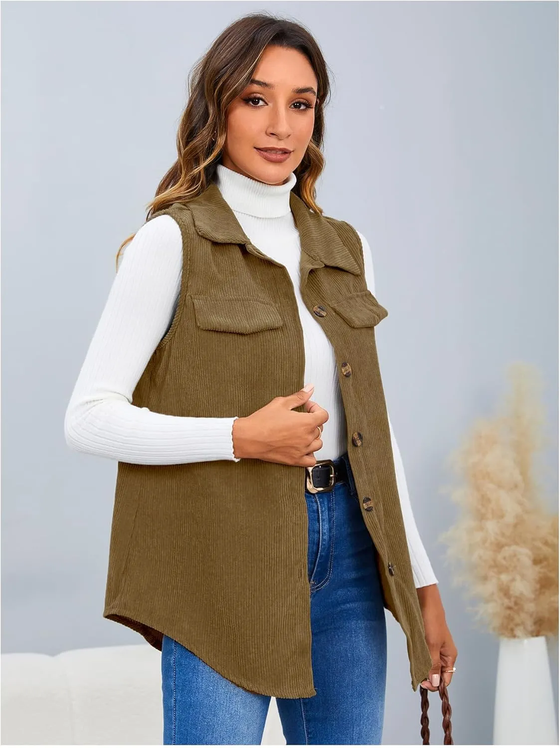 MakeMeChic Women's Ribbed Collared Lightweight Vest Corduroy Button Front Sleeveless Vest Jackets