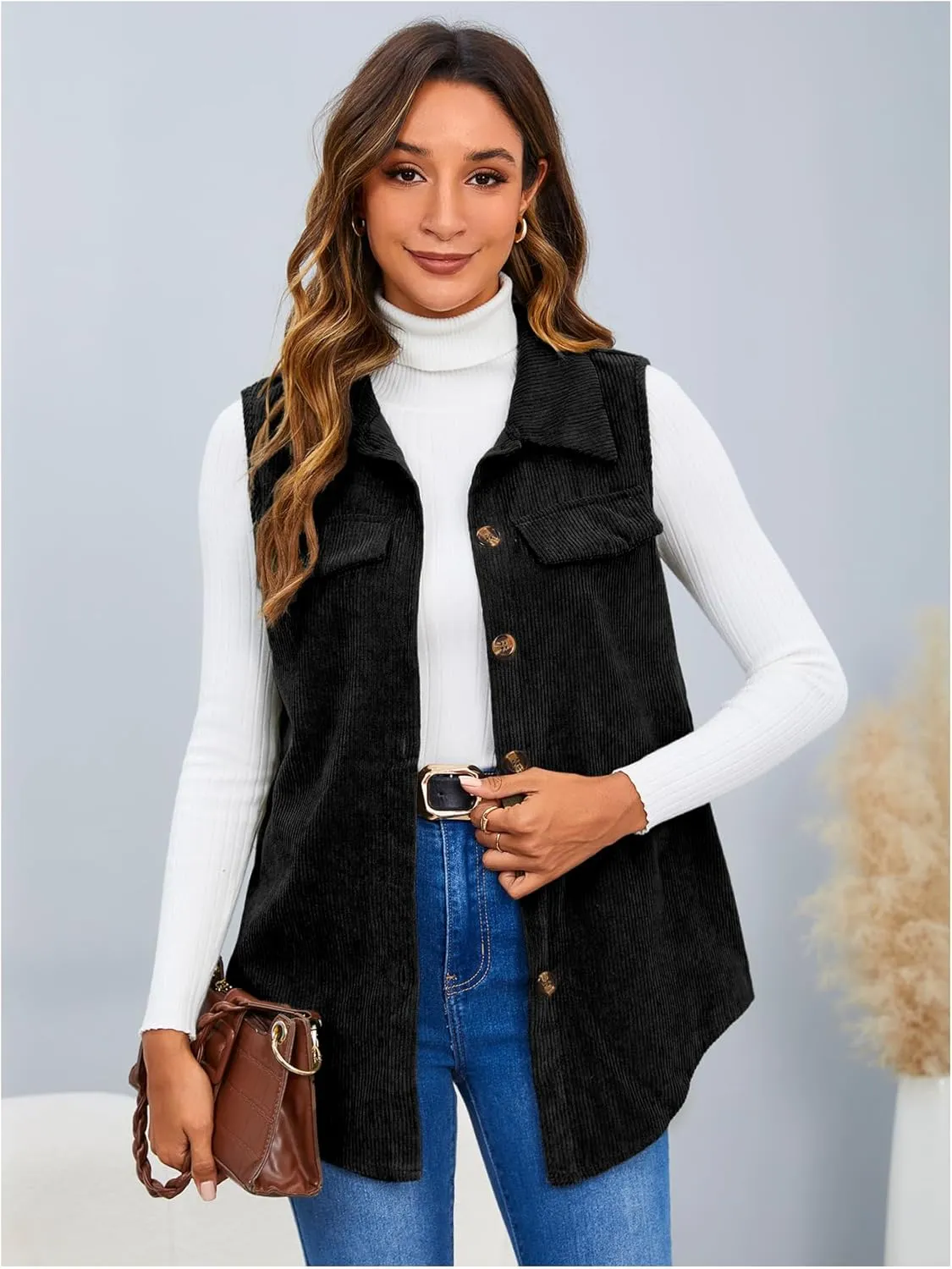 MakeMeChic Women's Ribbed Collared Lightweight Vest Corduroy Button Front Sleeveless Vest Jackets
