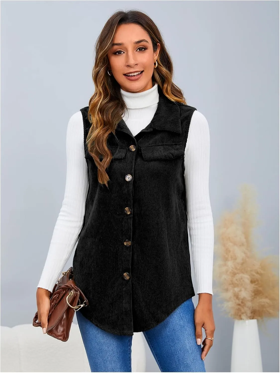 MakeMeChic Women's Ribbed Collared Lightweight Vest Corduroy Button Front Sleeveless Vest Jackets