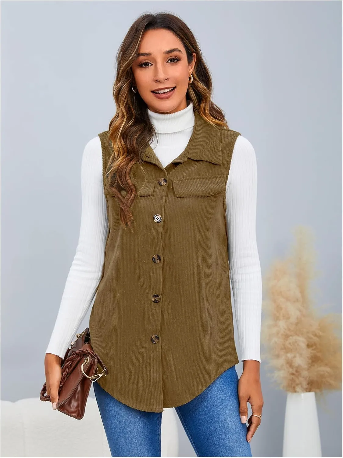 MakeMeChic Women's Ribbed Collared Lightweight Vest Corduroy Button Front Sleeveless Vest Jackets