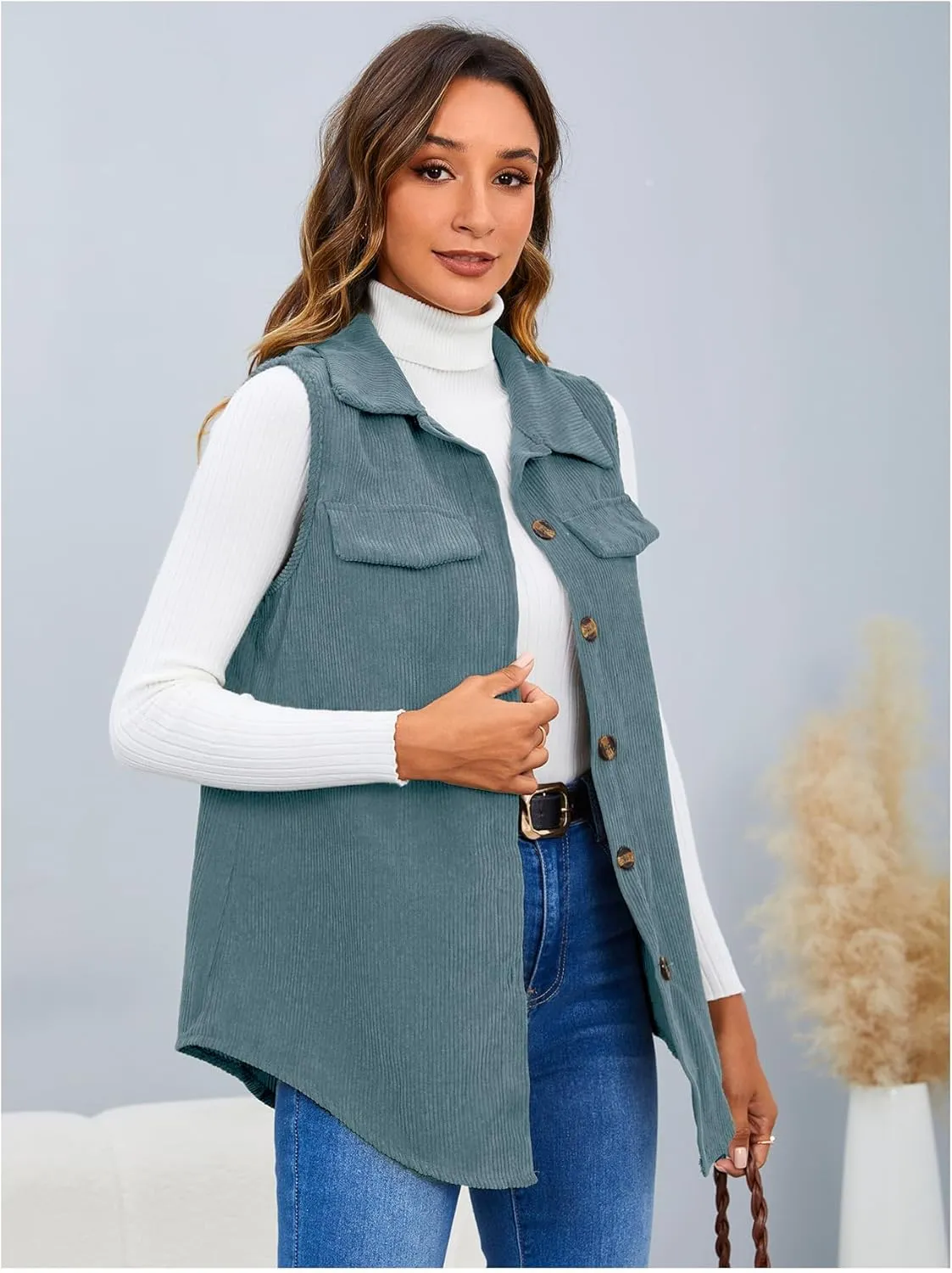 MakeMeChic Women's Ribbed Collared Lightweight Vest Corduroy Button Front Sleeveless Vest Jackets