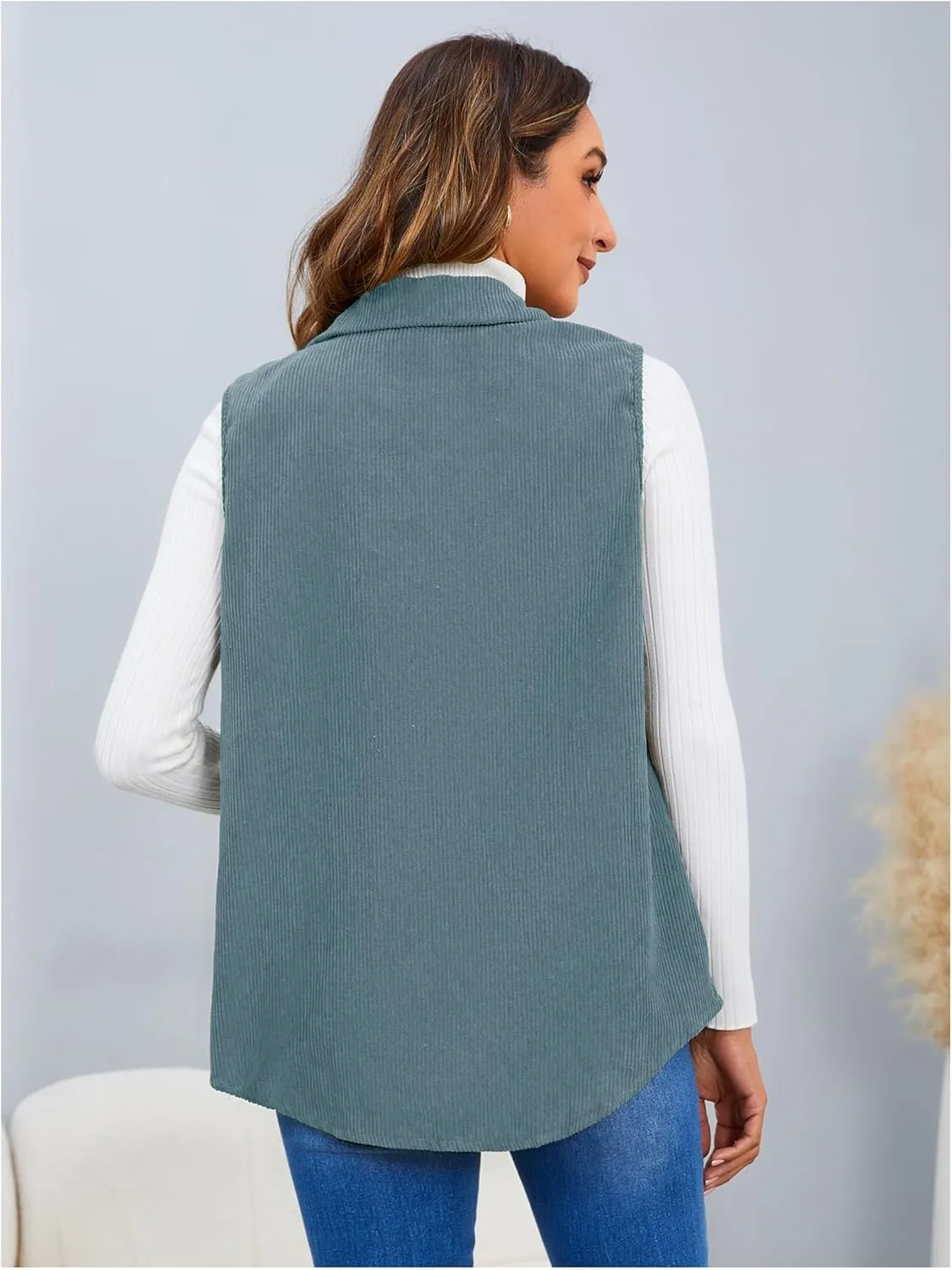 MakeMeChic Women's Ribbed Collared Lightweight Vest Corduroy Button Front Sleeveless Vest Jackets