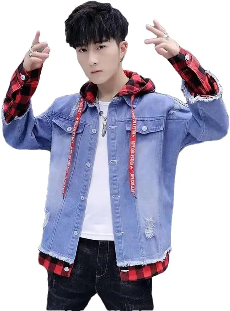Male Jean Coat With Hole Ripped Men's Denim Jacket Light Piece Vintage Korea Loose Washed Outwear