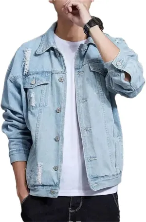 Male Jean Coat With Hole Ripped Men's Denim Jacket Light Piece Vintage Korea Loose Washed Outwear