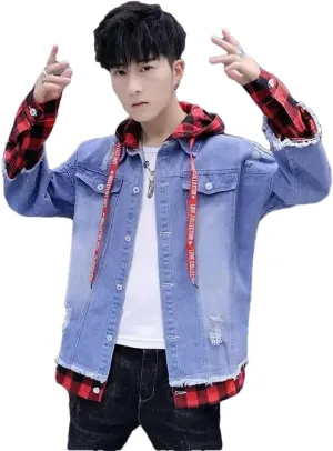 Male Jean Coat With Hole Ripped Men's Denim Jacket Light Piece Vintage Korea Loose Washed Outwear