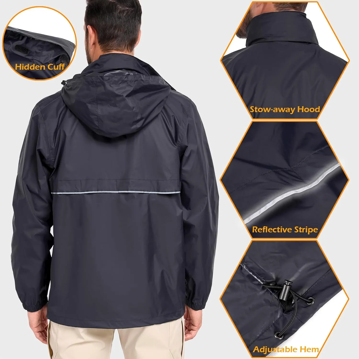 MANSDOUR Men's Packable Rain Jacket Waterproof Lightweight Windbreaker Cycling Golf Hiking Reflective Raincoat with Hood
