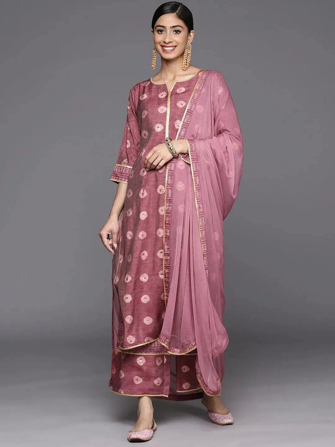Mauve Printed Silk Blend Straight Kurta With Palazzos & Dupatta