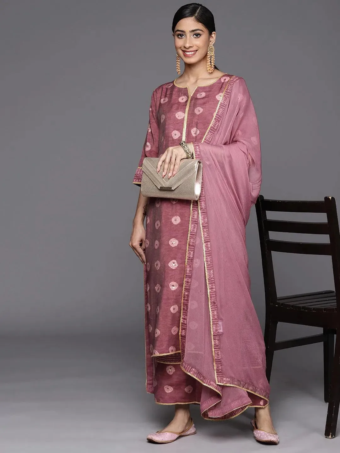 Mauve Printed Silk Blend Straight Kurta With Palazzos & Dupatta