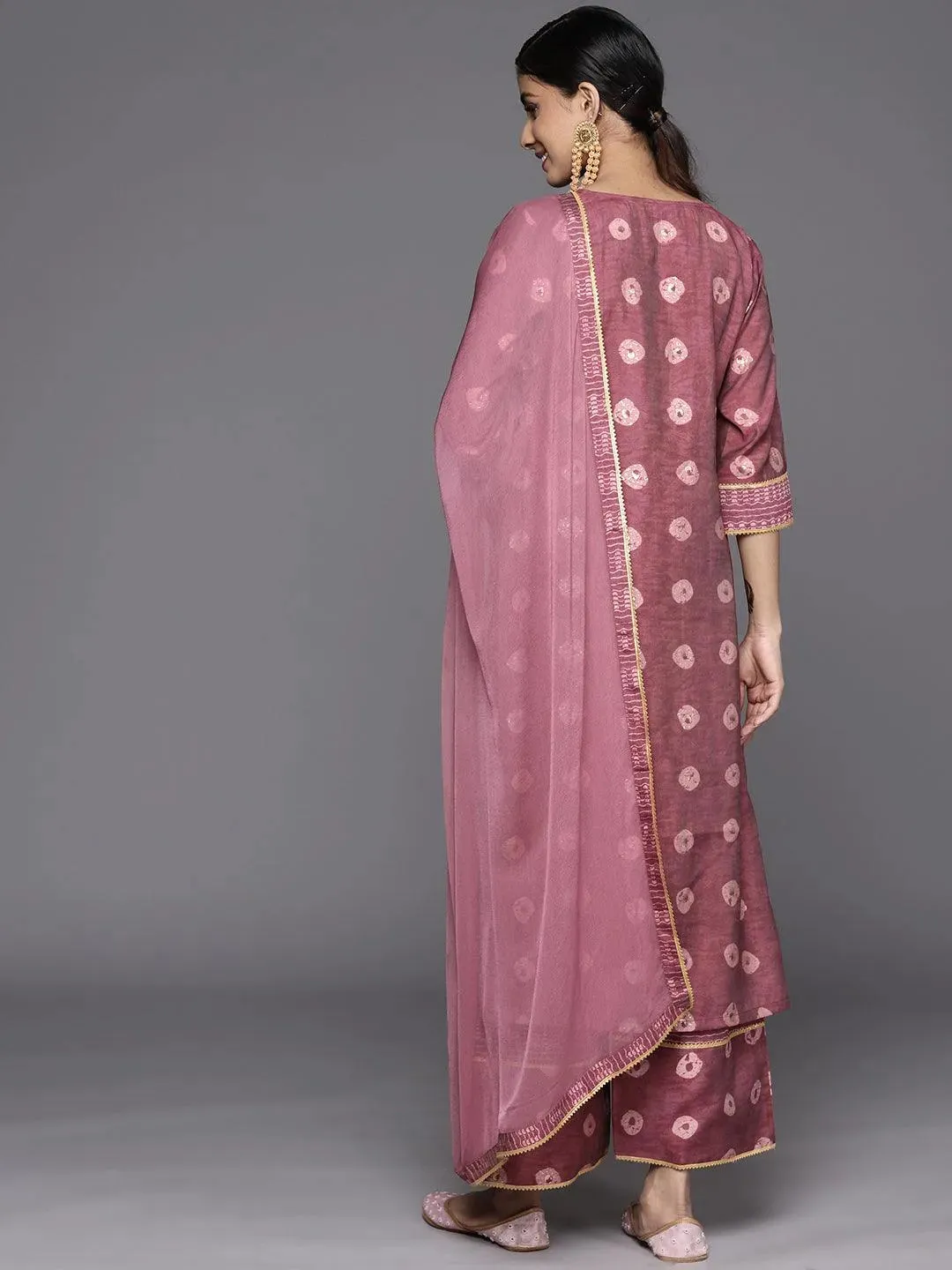 Mauve Printed Silk Blend Straight Kurta With Palazzos & Dupatta