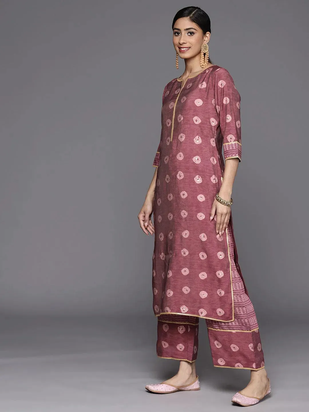 Mauve Printed Silk Blend Straight Kurta With Palazzos & Dupatta