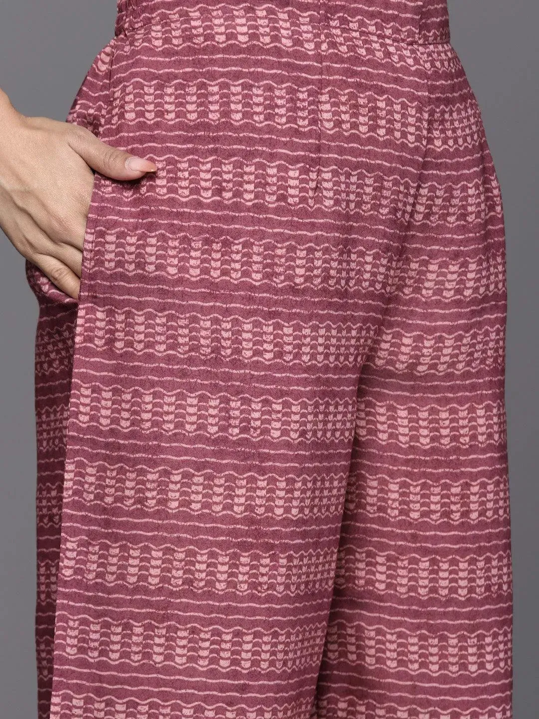 Mauve Printed Silk Blend Straight Kurta With Palazzos & Dupatta