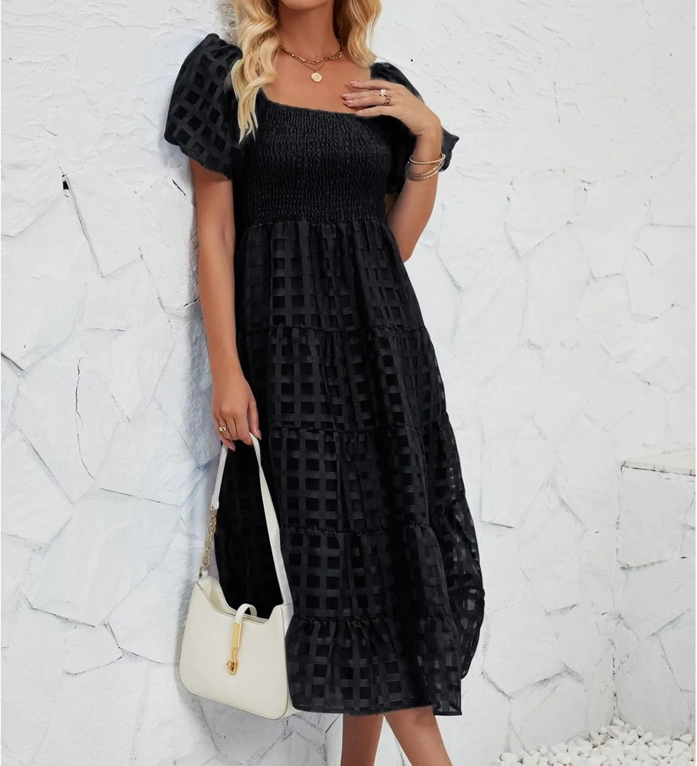 Maxi Dress for Women 2025 Spring Summer Solid Puff Sleeve Dresses Sexy Elegant A-Line Beach Sundresses