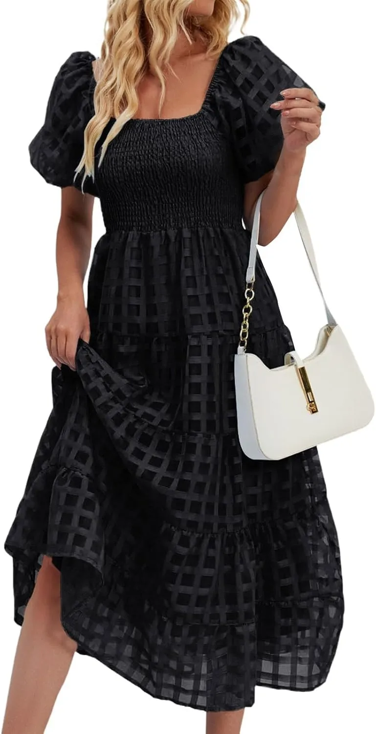 Maxi Dress for Women 2025 Spring Summer Solid Puff Sleeve Dresses Sexy Elegant A-Line Beach Sundresses