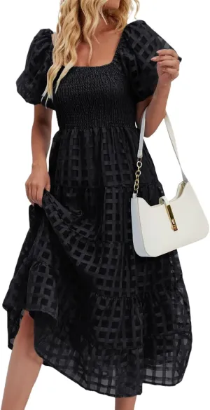 Maxi Dress for Women 2025 Spring Summer Solid Puff Sleeve Dresses Sexy Elegant A-Line Beach Sundresses
