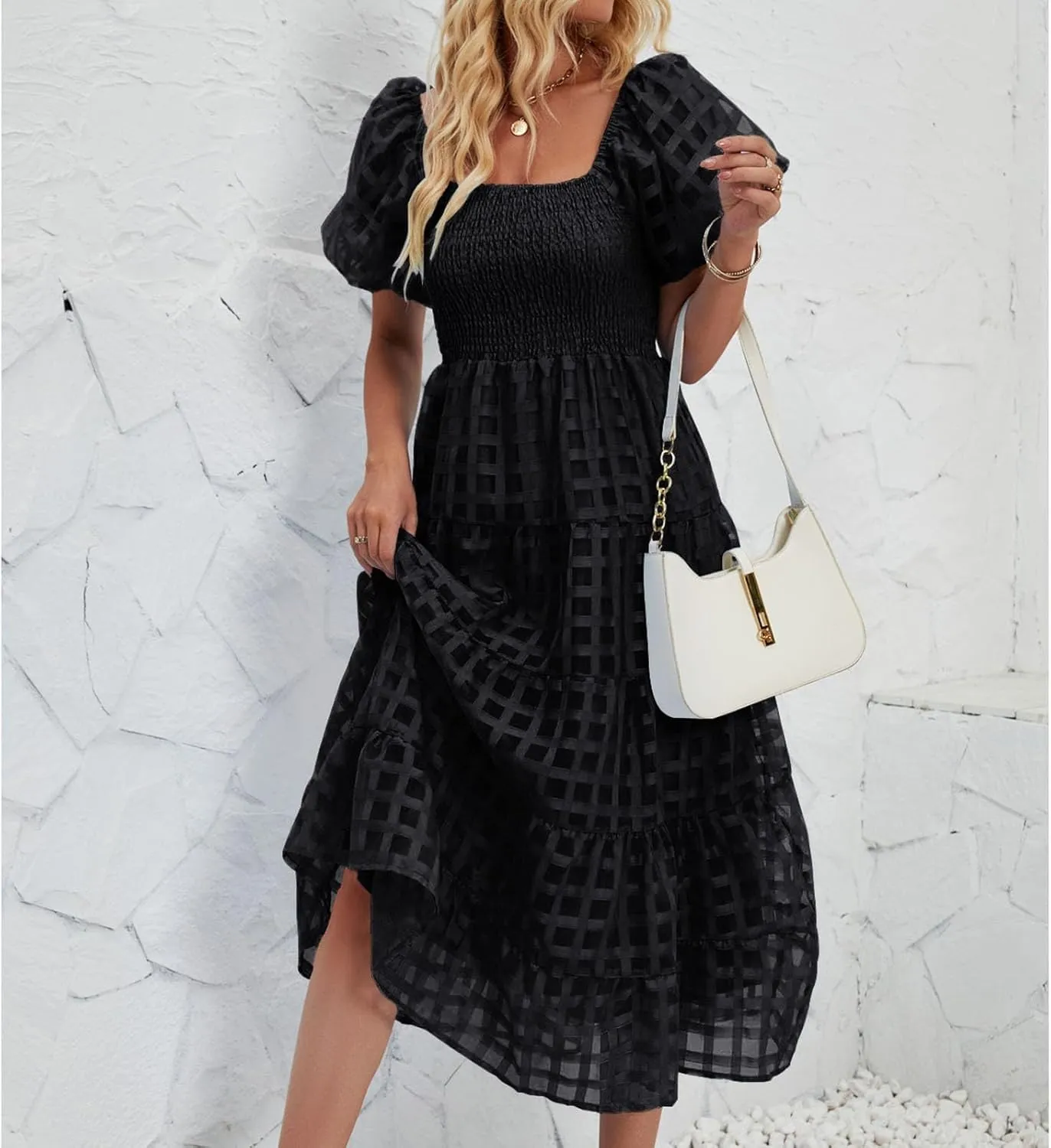 Maxi Dress for Women 2025 Spring Summer Solid Puff Sleeve Dresses Sexy Elegant A-Line Beach Sundresses
