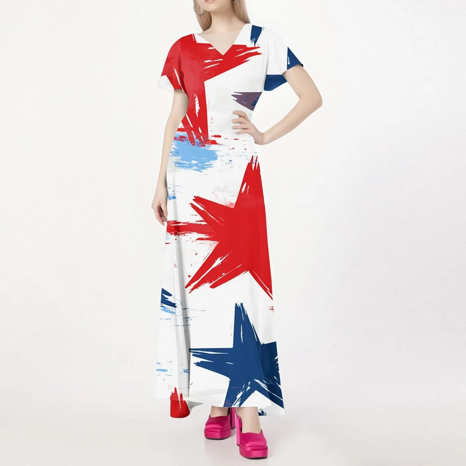 Maxi Dresses for Womem 2025 Casual Summer Short Sleeve 4th of July Dress Flowy Patriotic American Flag Dresses