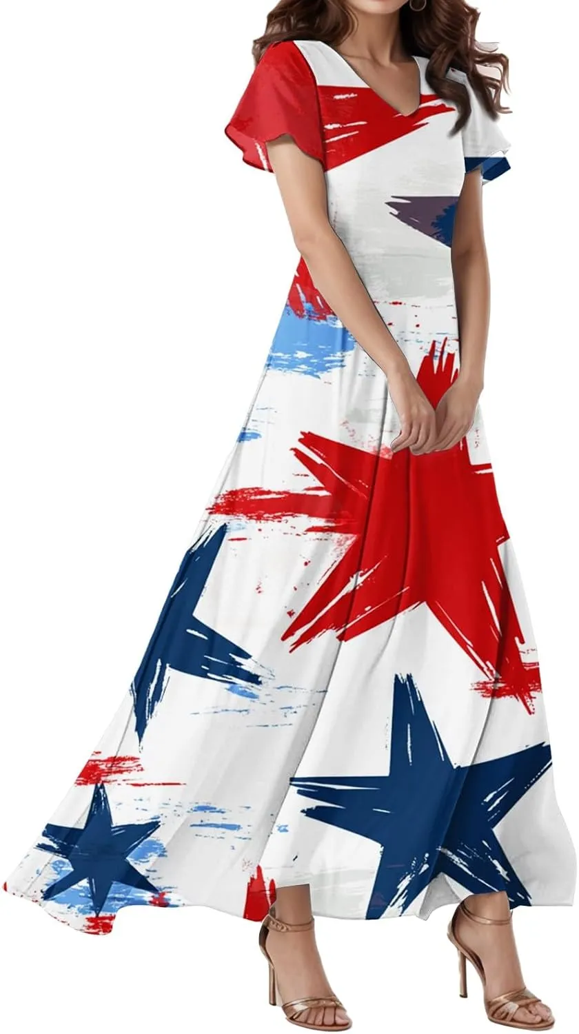 Maxi Dresses for Womem 2025 Casual Summer Short Sleeve 4th of July Dress Flowy Patriotic American Flag Dresses