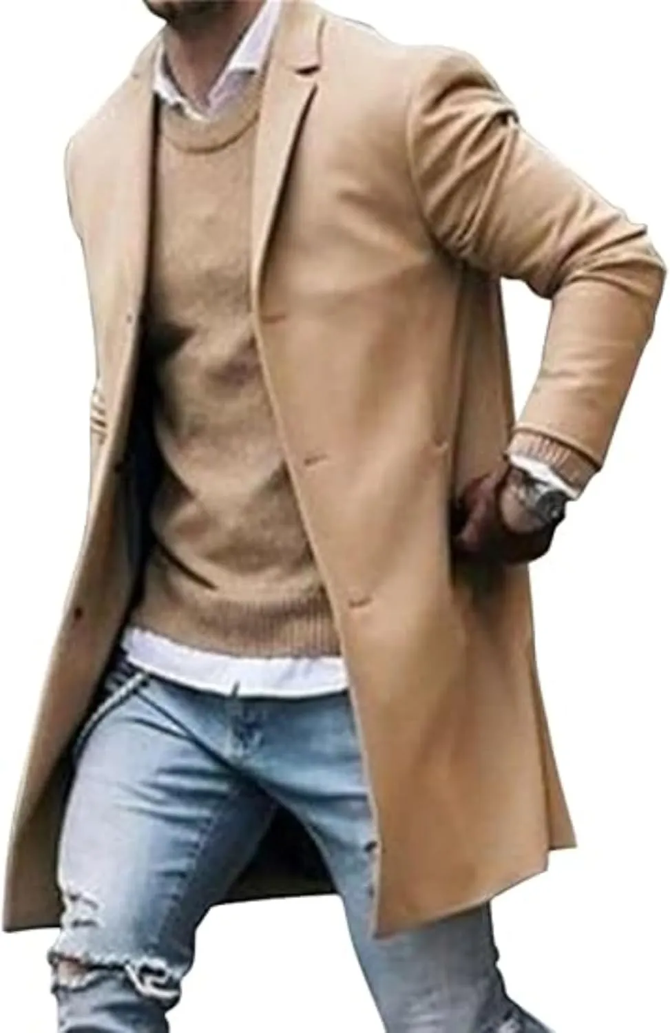Men Wool Blend Single Breasted Overcoat Winter Slim Long Trench Coat Mid-Length Lightweight Notched Collar Jacket