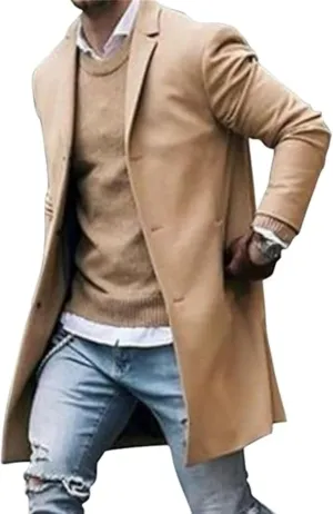 Men Wool Blend Single Breasted Overcoat Winter Slim Long Trench Coat Mid-Length Lightweight Notched Collar Jacket
