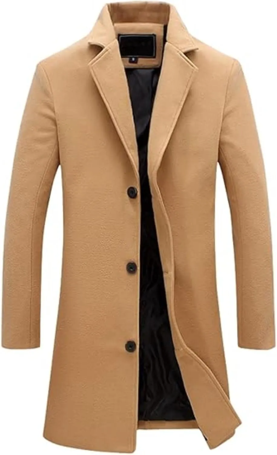 Men Wool Blend Single Breasted Overcoat Winter Slim Long Trench Coat Mid-Length Lightweight Notched Collar Jacket
