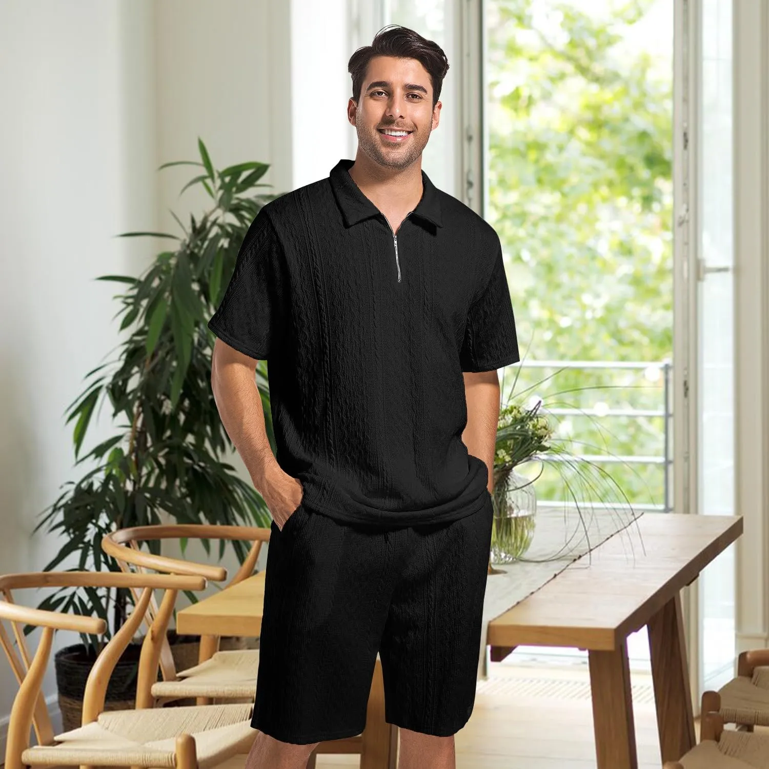 Mens 2 Piece Short Sets Summer 2025 - Zip Polo & Elastic Waist Shorts, Breathe Comfortable Tracksuit with Pockets