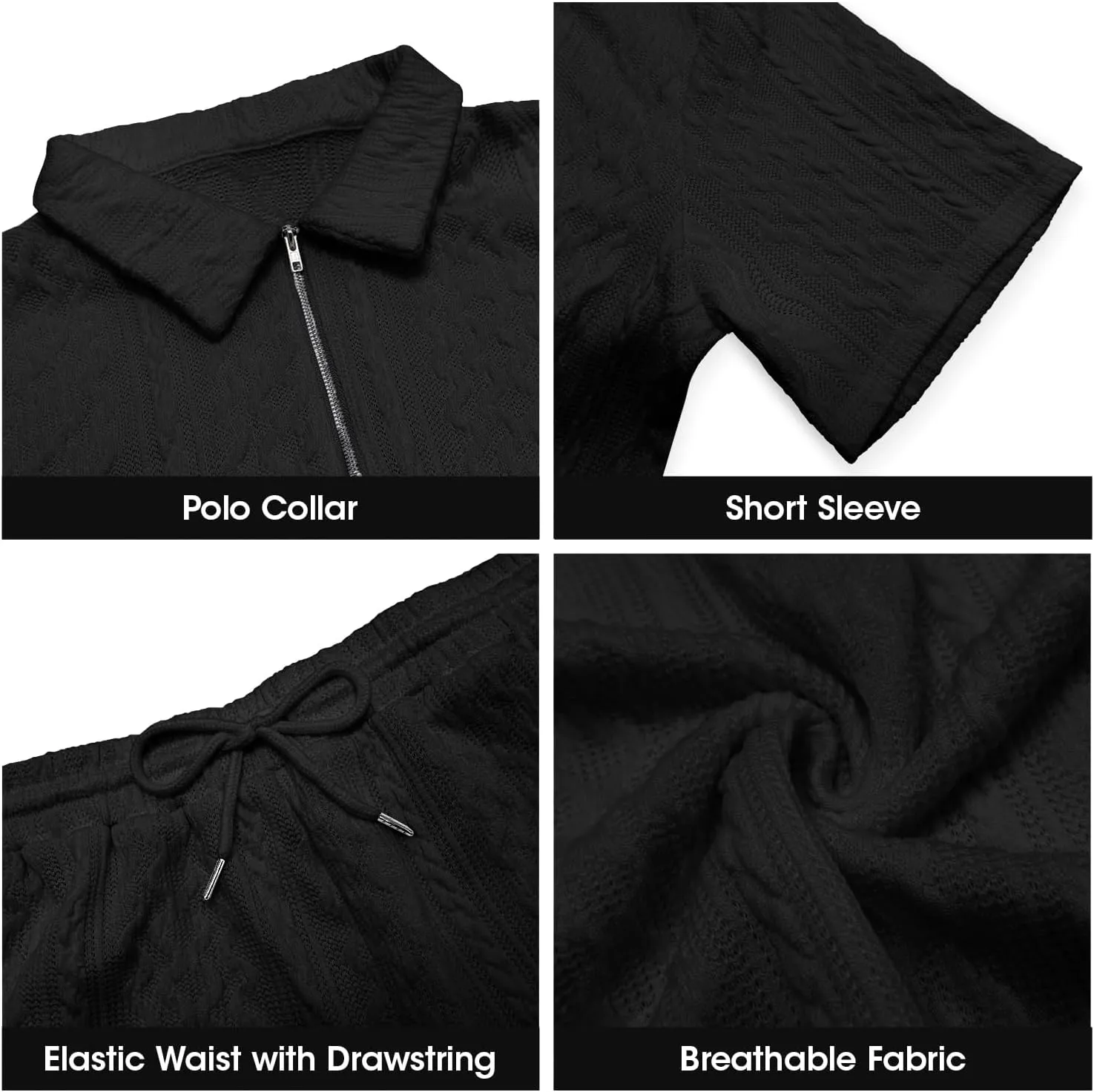 Mens 2 Piece Short Sets Summer 2025 - Zip Polo & Elastic Waist Shorts, Breathe Comfortable Tracksuit with Pockets