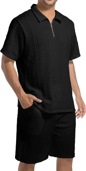Mens 2 Piece Short Sets Summer 2025 - Zip Polo & Elastic Waist Shorts, Breathe Comfortable Tracksuit with Pockets