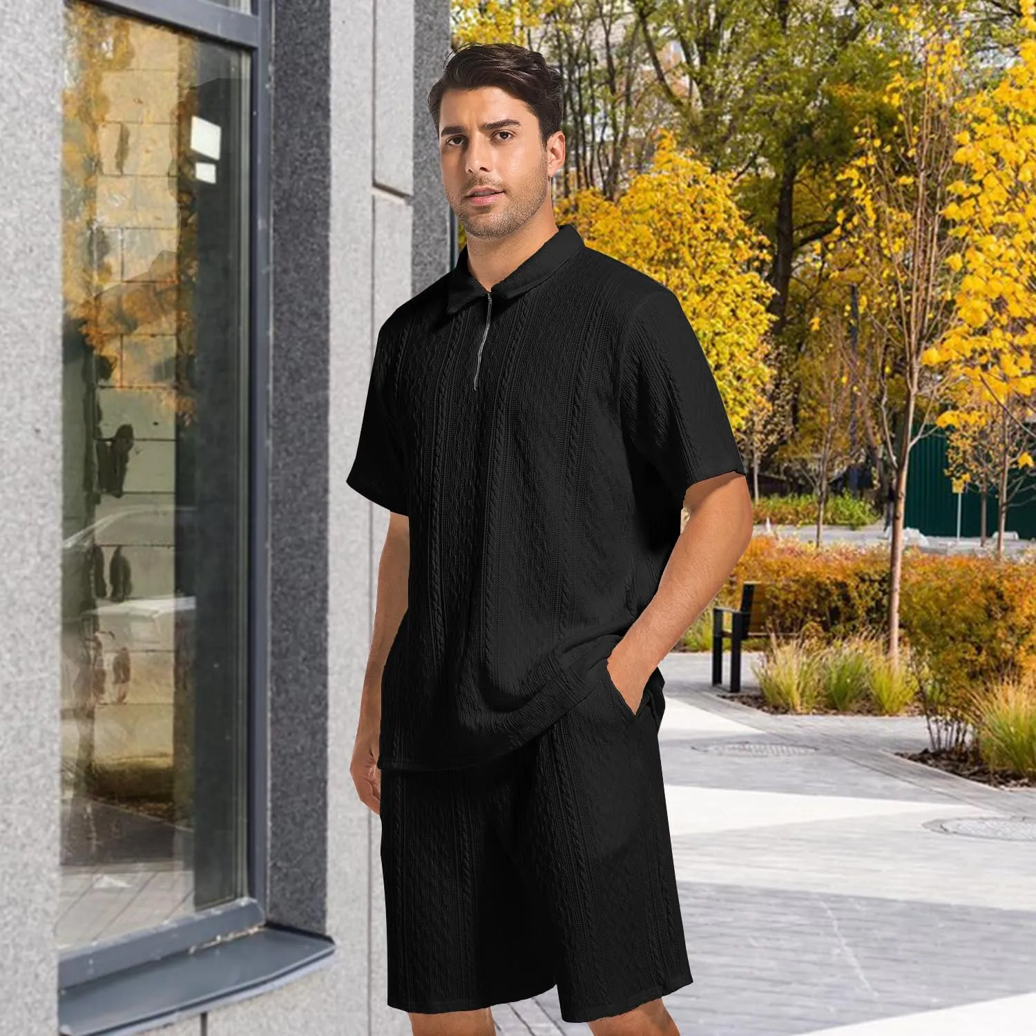 Mens 2 Piece Short Sets Summer 2025 - Zip Polo & Elastic Waist Shorts, Breathe Comfortable Tracksuit with Pockets