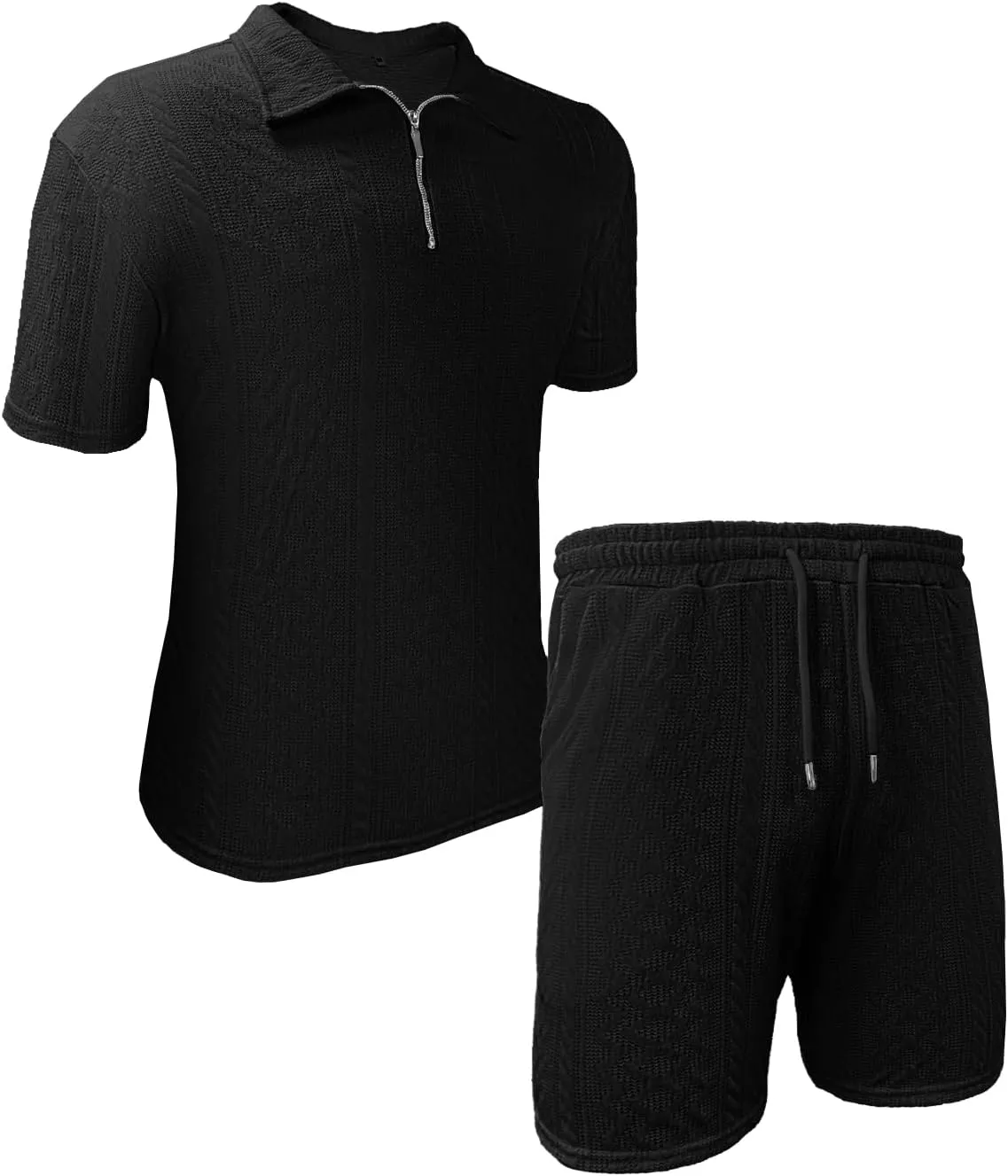 Mens 2 Piece Short Sets Summer 2025 - Zip Polo & Elastic Waist Shorts, Breathe Comfortable Tracksuit with Pockets