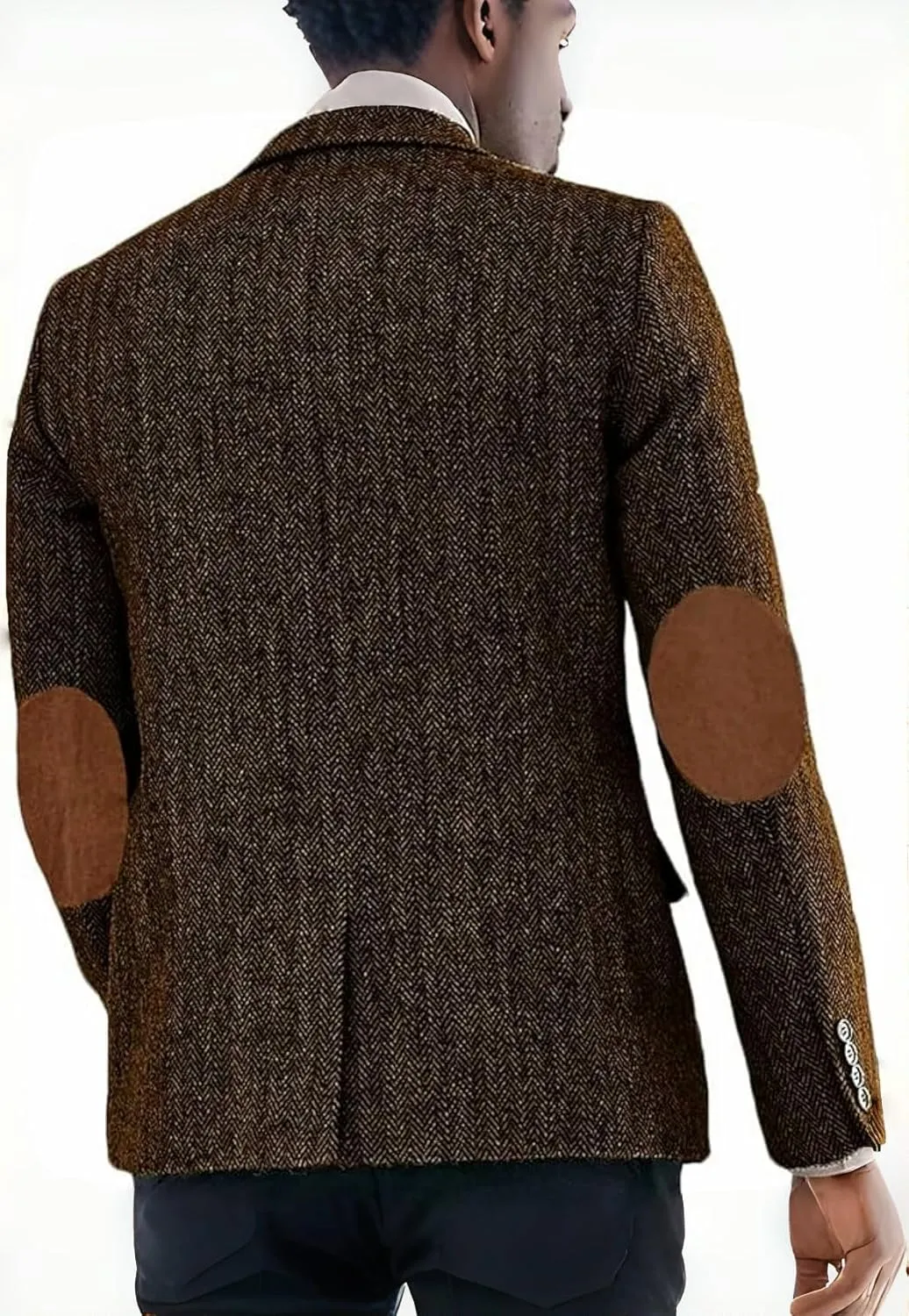 Mens Blazer Vintage Herringbone Tweed Jackets Two Button Sport Coat with Pocket Square with Elbow Patches