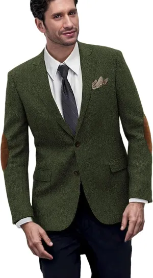 Mens Blazer Vintage Herringbone Tweed Jackets Two Button Sport Coat with Pocket Square with Elbow Patches